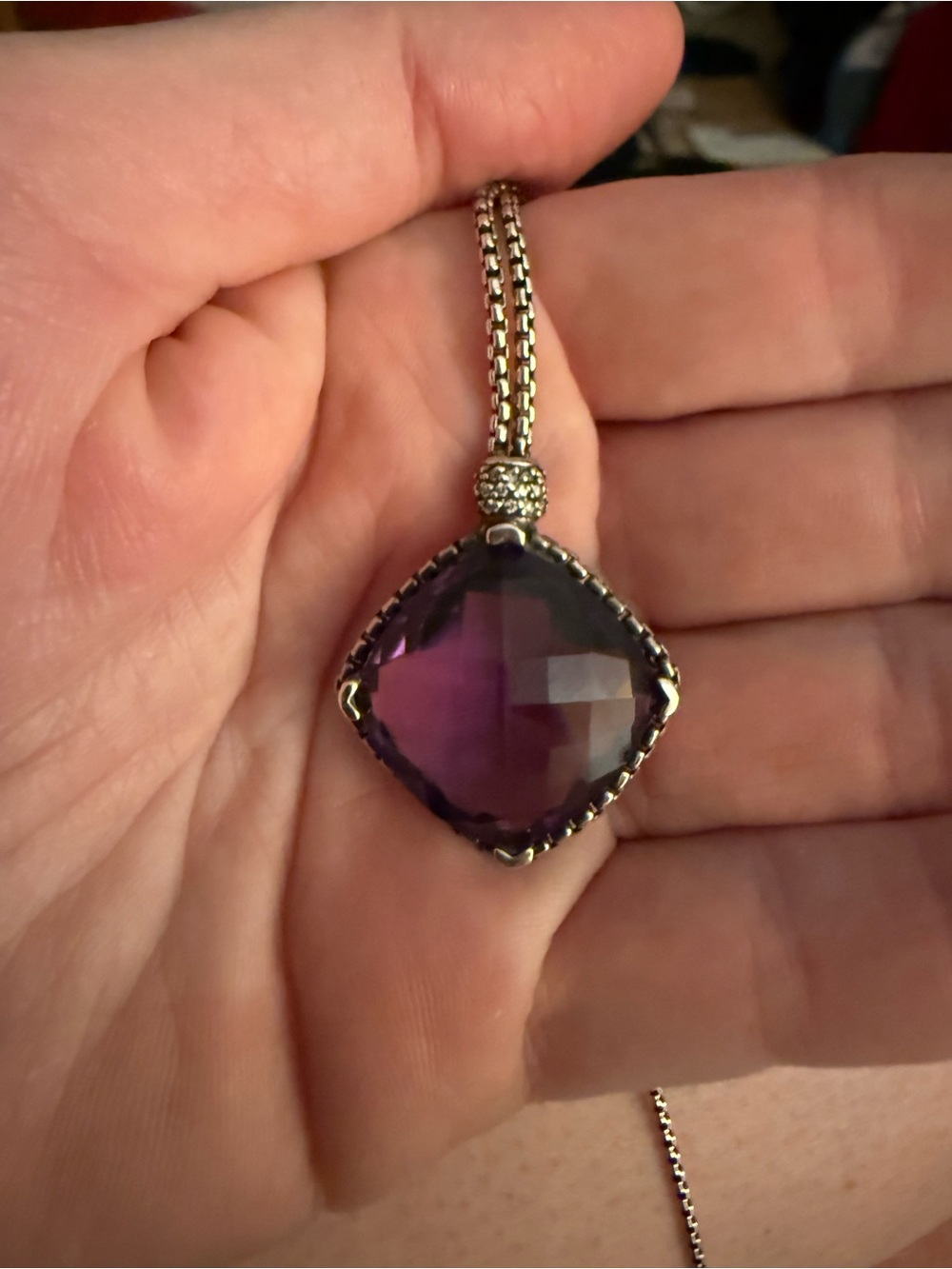 David Yurman Sterling Silver 20mm Amethyst Cushion Pendant Necklace - Picture 1 of 5